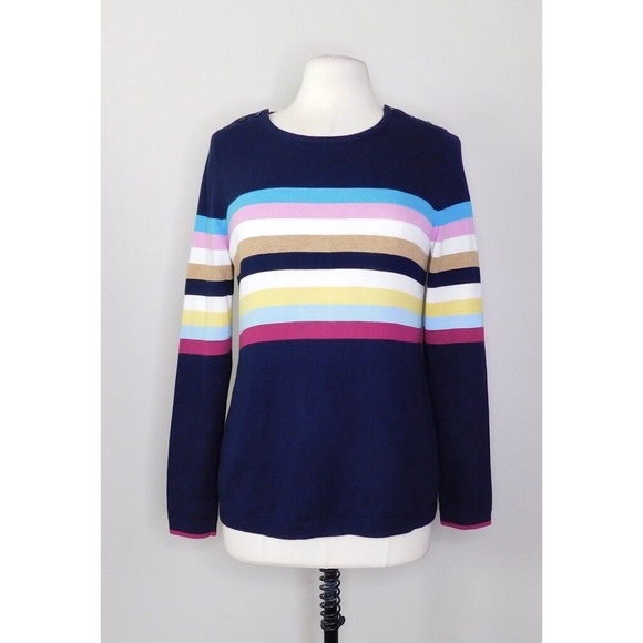 Talbots Sweaters - TALBOTS Navy Blue & Multicolor Stripe Crew Neck Sweater Button Shoulder ~ Medium